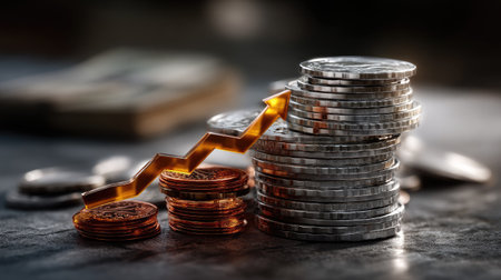 Concept of financial growth shown through coins stacked and an upward arrow, symbolizing investment success and economic prosperity in the market.の素材