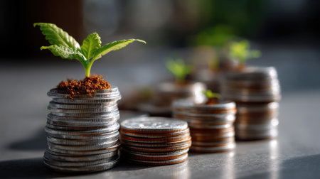 A visually striking image showcasing a small green plant growing from a stack of coins, representing the idea of financial investment and sustainable growth.の素材