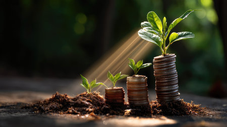 A captivating image showing young plants sprouting from stacks of coins, symbolizing financial growth and environmental sustainability, illuminated by soft sunlight.の素材