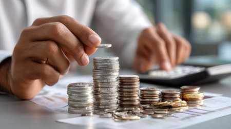 A detailed close-up of hands counting various coins on a desk, accompanied by a calculator and financial documents, reflecting money management and budgeting.の素材