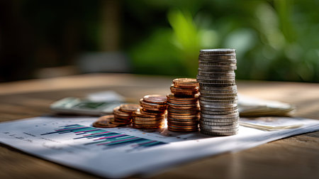 A vibrant image showcasing stacks of coins arranged on financial reports, emphasizing the themes of investment growth and economic analysis under natural light.の素材