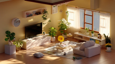 This serene living room features warm colors, a comfortable sofa, and a bright atmosphere enhanced by ample natural light and lush greenery.の素材