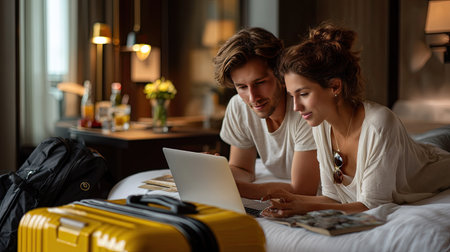 A young couple relaxes together in a cozy hotel room, using a laptop to plan their adventures while a yellow suitcase sits nearby, radiating warmth.の素材