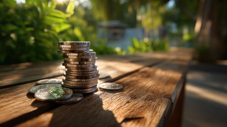 A serene image depicting a stack of coins resting on a weathered wooden table, with lush greenery and soft sunlight creating a tranquil outdoor atmosphere.の素材