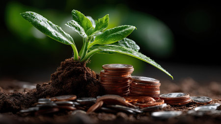 A vibrant green plant emerges from a mound of soil surrounded by coins, representing the synergy between nature and financial growth in an eco-friendly setting.の素材
