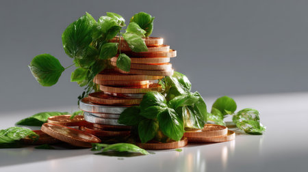 A captivating arrangement of stacked coins adorned with fresh green leaves, symbolizing the harmonious relationship between finance and nature, reflecting growth.の素材