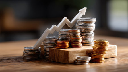 A close-up view of stacks of coins arranged on a wooden block, with a white upward arrow symbolizing financial growth and successful investment strategies.の素材