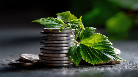 This captivating image showcases a stack of coins alongside fresh green leaves, representing growth, prosperity, and a connection between nature and finance.の素材