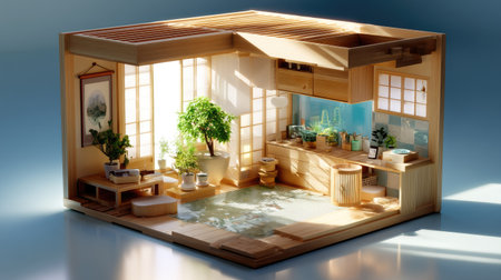 A beautifully crafted wooden interior showcasing a modern kitchen with natural light, green plants, and a serene atmosphere, perfect for relaxation.の素材