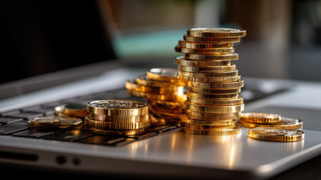 A close-up shot of shiny gold coins stacked on a laptop keyboard, symbolizing wealth and digital finance in a sleek, modern workspace setting.の素材
