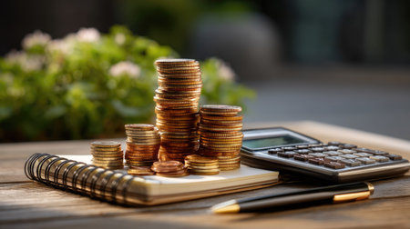 A visually appealing composition featuring stacked coins on a notebook, accompanied by a calculator and pen, creating a perfect scene for financial planning and budgeting outdoors.の素材