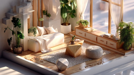 A stylish and modern living room featuring large windows that invite natural light. The space is designed with cozy furniture, indoor plants, and wooden elements, creating a warm and inviting atmosphere perfect for relaxation and enjoyment.の素材