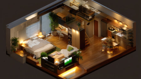 This enchanting apartment features a harmonious blend of modern design and comfort, showcasing warm lighting, elegant furniture, and lush plants.の素材