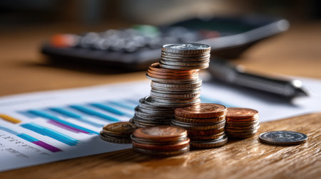 A collection of stacked coins on a wooden table, accompanied by a calculator and financial charts, illustrating the concept of budgeting and investment planning.の素材