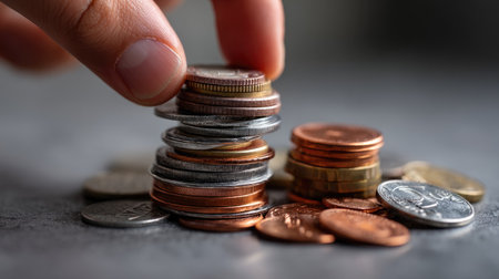 A close-up image of a hand carefully stacking coins of various denominations on a smooth surface, illustrating themes of money management and personal finance.の素材