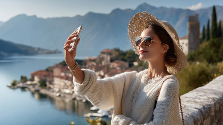 A young woman captures a selfie against a breathtaking backdrop of a serene lake and mountains, showcasing a perfect blend of nature and style.の素材