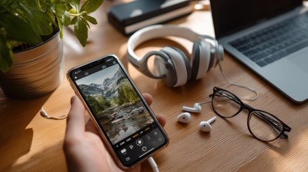 A person holds a smartphone featuring a breathtaking mountain view, surrounded by a laptop, headphones, glasses, and an indoor plant, showcasing a serene workspace.の素材
