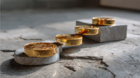 This image features shiny gold coins arranged in a stack on a textured marble surface, symbolizing financial success, growth, and wealth accumulation in a modern setting.の素材