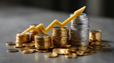 A vibrant arrangement showcasing gold and silver coins with a rising arrow graph, symbolizing financial growth, investment strategy, and market success.の素材