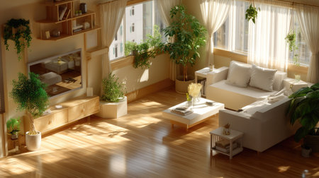 A bright and airy living room featuring modern furniture, lush indoor plants, and elegant natural light streaming through large windows, creating a tranquil atmosphere.の素材