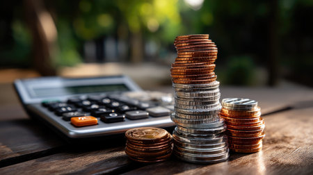 A close-up view of stacked coins next to a calculator in a serene outdoor environment, highlighting financial concepts and budgeting practices. Perfect for financial themes.の素材
