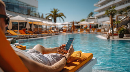 A person relaxes by the sparkling poolside, holding a smartphone while enjoying the warm sunshine. The scene captures a perfect blend of leisure and tranquility in a vibrant resort setting.の素材