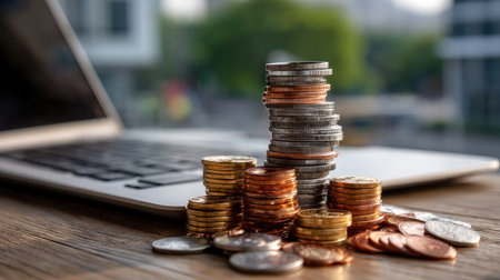 A collection of coins stacked on a wooden table beside a laptop, symbolizing financial growth, investment opportunities, and modern business practices.の素材