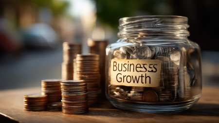 A jar filled with coins symbolizes business growth and financial prosperity, illuminated by natural light, representing savings and investment potential.の素材