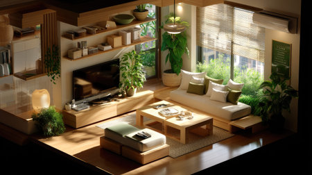 A beautifully designed living room showcasing modern minimalism with ample greenery, bright sunlight, and cozy furniture, creating a serene atmosphere.の素材