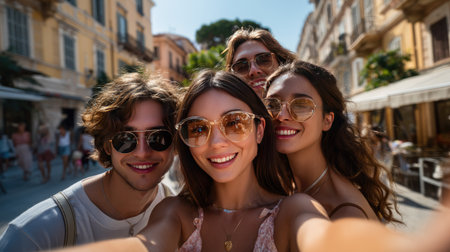 A lively group of four friends captures their spirited outing in the city with a cheerful selfie. Dressed in stylish sunglasses, they radiate joy and camaraderie, set against a sunny street backdrop. Perfect for themes of friendship, adventure, or lifestyle.の素材
