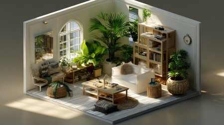 A beautifully designed indoor living space featuring lush green plants, natural light, and cozy furniture. This inviting atmosphere blends comfort with modern decor.の素材