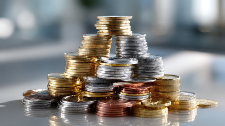 A visually striking arrangement of stacked coins in various colors and sizes rests on a bright surface, symbolizing financial wealth and investment opportunities.の素材