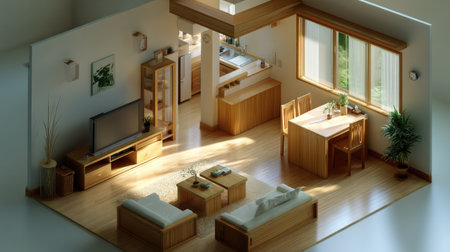 A modern living space featuring elegant wooden furniture bathed in natural light. The design promotes warmth and comfort with a spacious layout ideal for relaxation and gatherings.の素材