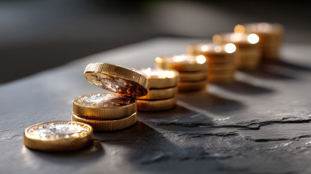 This image showcases a series of stacked coins placed on a dark slate surface, illuminated by soft light, perfect for illustrating financial themes and investment concepts.の素材