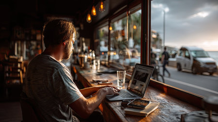 A focused man working on his laptop inside a cozy cafの素材