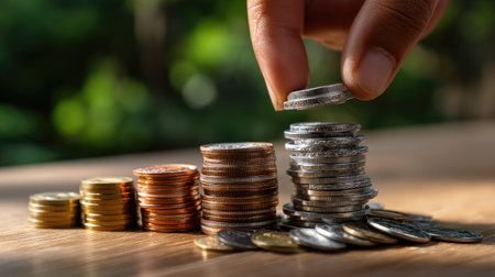 A close-up view of a hand carefully placing a silver coin on a growing stack of various coins, symbolizing financial growth and investment opportunities.の素材