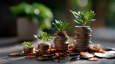 This image captures the concept of financial growth with stacked coins and vibrant green plants, symbolizing sustainable investment and economic progress.の素材
