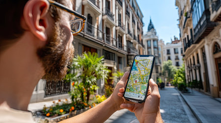 A young man closely examines a map on his smartphone while standing on a picturesque city street, surrounded by beautiful historic architecture and vibrant greenery.の素材