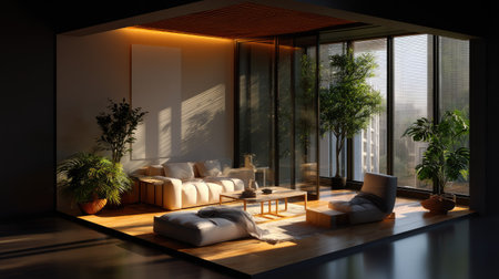 This image features a cozy living room with modern decor, showcasing warm tones and abundant natural light, creating a serene and inviting atmosphere.の素材