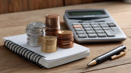 A close-up view of stacks of coins arranged beside a calculator and a notebook on a wooden table, reflecting financial planning and investment strategies.の素材
