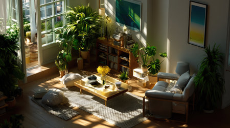 A bright and cozy living room filled with large windows and lush plants, creating a warm ambiance. Features modern furniture, wooden accents, and sunlight streaming through, inviting relaxation and comfort. Perfect inspiration for interior design lovers.の素材