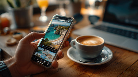 A peaceful cafe scene featuring a person holding a smartphone displaying a beautiful beach photo, with a steaming coffee cup and laptop nearby.の素材