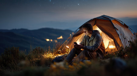 A peaceful scene of a young adult using a smartphone while seated outside a tent at night, surrounded by mountains and stars, capturing a moment of solitude in nature.の素材