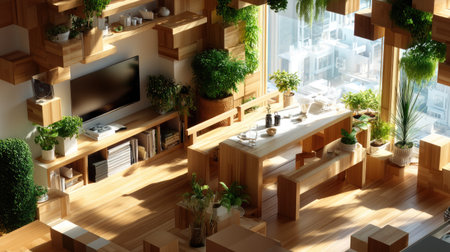 A stunning modern living space featuring minimalist design elements, natural wood textures, and an abundance of indoor plants that enhance tranquility.の素材