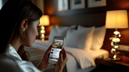 A young woman sits in a stylish hotel room using her smartphone to engage with social media and explore booking options, embodying modern leisure.の素材