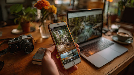 A vibrant workspace setup featuring a smartphone showcasing nature photography, a laptop, a camera, and potted plants. This setting inspires creativity and relaxation.の素材