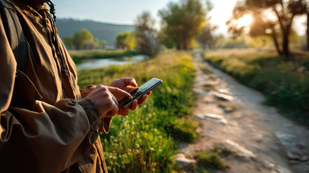 A person interacting with a smartphone in a serene outdoor setting, surrounded by lush greenery and a scenic pathway. Ideal for themes of technology and nature.の素材