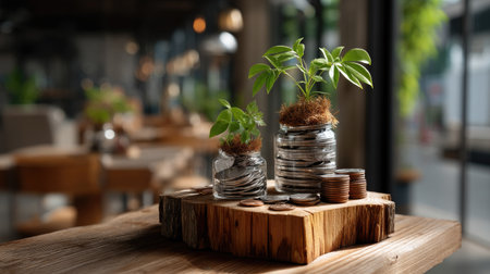 This image captures a serene cafe setting showcasing small plants growing in jars filled with coins, symbolizing investment, growth, and sustainable practices in business.の素材