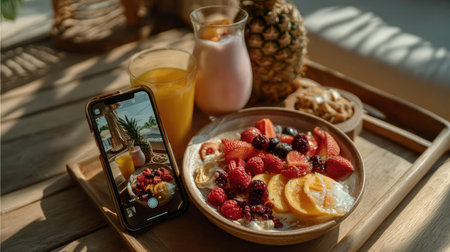 A beautiful arrangement of a fresh fruit breakfast featuring berries, yogurt, and a smoothie on a wooden tray, complemented by a smartphone photo, ideal for lifestyle imagery.の素材