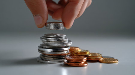 A close-up shot of a hand stacking coins, symbolizing financial growth and investment strategy. The arrangement highlights coins of various denominations, reflecting the concepts of saving and budgeting for a prosperous future.の素材